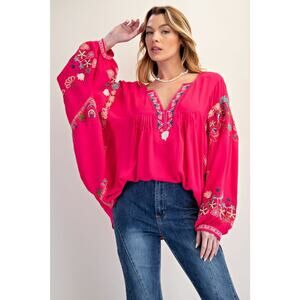 "Bianca" Embroidered Rayon Top in Fuchsia
